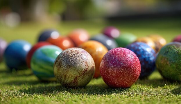 Colorful bocce balls arranged on bright green grass in outdoor setting