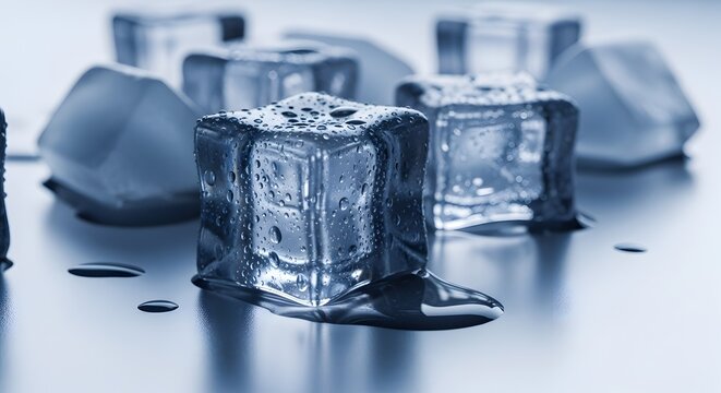 Chilled crystalline formations with melting droplets, a serene and refreshing close-up emphasizing the transient nature of coldness and purity.
