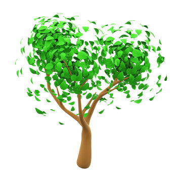 Green tree with falling leaves