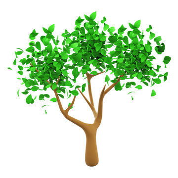 Green tree with falling leaves