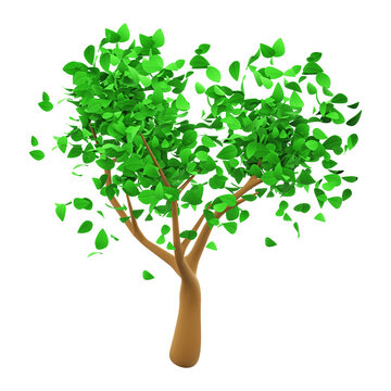 Green tree with falling leaves