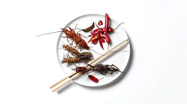 Cockroaches on a plate with chili peppers.
