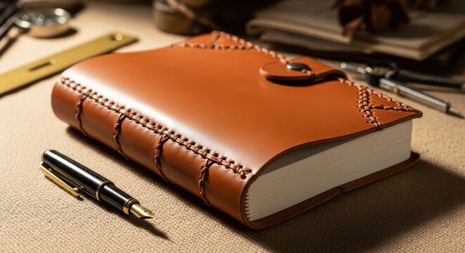 Hand-stitched leather bound journal with rustic closure and antique pen on textured surface