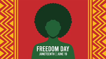 Silhouette of a person with an afro celebrates Juneteenth Freedom Day on June 19 with Pan-African colors and traditional geometric patterns.
