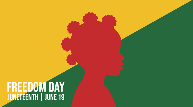 Minimalist Juneteenth illustration featuring a red silhouette of a young African American girl with bantu knots on a yellow and green background.
