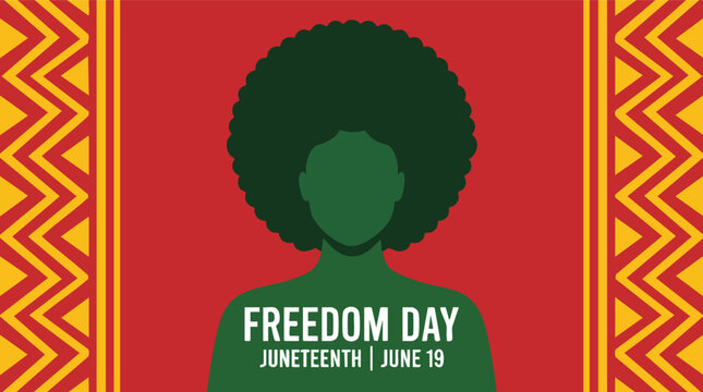 Silhouette of a person with an afro celebrates Juneteenth Freedom Day on June 19 with Pan-African colors and traditional geometric patterns.