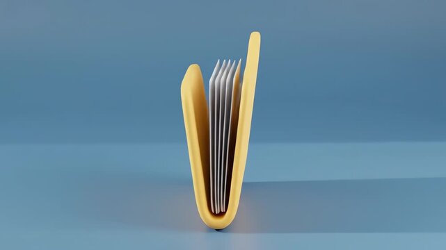 A minimalist 3D render of a yellow folder with silver pages against a solid blue background.