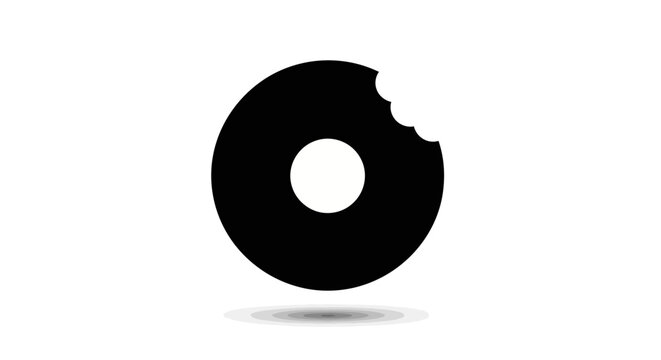 A large black bitten donut sits on a gray shadow on a white background.