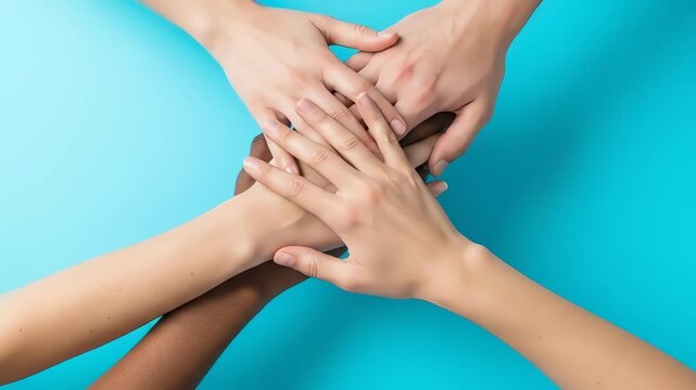 Multiple diverse hands stacked together in a circle on a blue background, symbolizing unity and teamwork.
