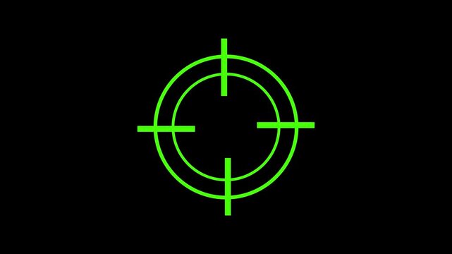 Animated green neon HUD target reticle rotating on a black background. Futuristic aim and precision concept.
