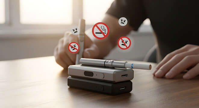 Person using electronic cigarette device with no smoking icons, symbolizing a smoke-free environment and healthier lifestyle choices