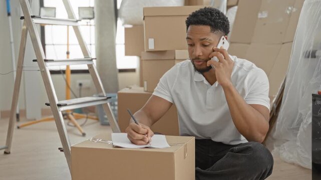 Man holds smartphone to ear and writes on a cardboard box with pen while sitting on the floor beside stacked moving boxes and a ladder in building; focused planning moving.