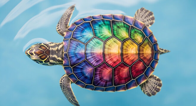 A colorful turtle swims through sparkling water with a vibrant rainbow shell
