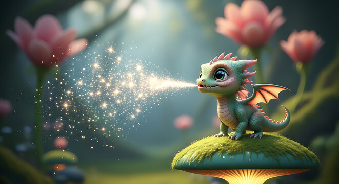 A pastel 3D dragon blows rainbow sparks on a mushroom in a magical forest.