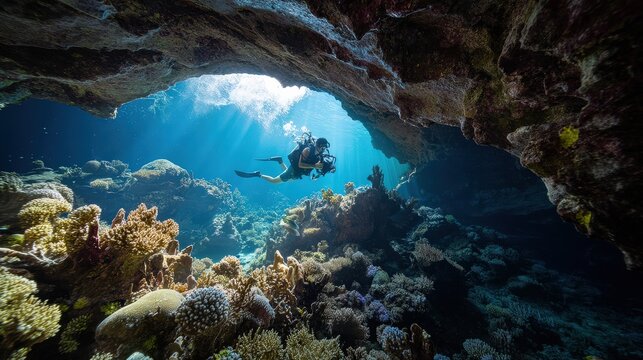 Tunnel exit opening toward a sunlit reef, layered shadow and light creating elegant depth, premium underwater travel composition, bright natural backlight