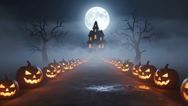A spooky haunted house looms at the end of a foggy path lined with glowing jack-o'-lanterns under a full moon.