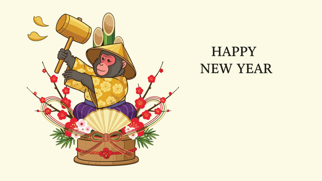 Festive monkey character in traditional Japanese attire holding a wooden hammer for New Year luck and celebration.