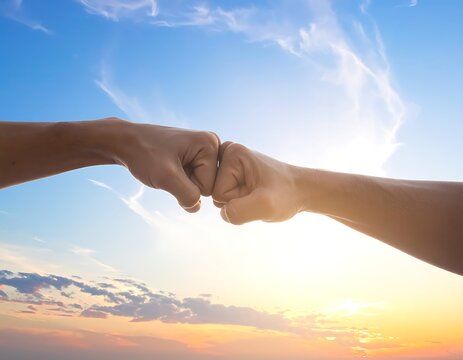 Two fists touching under a vibrant sunset sky