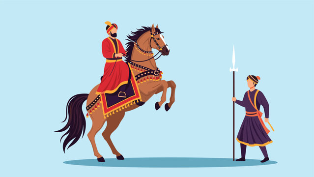 Indian royalty figure on a rearing horse encounters a soldier holding a long spear against a light blue background in flat vector style.