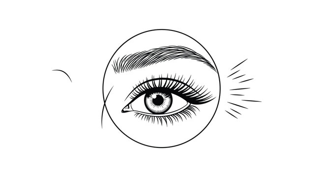 Detailed black and white sketch of a human eye and eyebrow framed within a circular border with sunburst decorative elements.