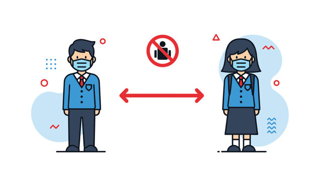 Two students in school uniforms wearing face masks and standing far apart with a red arrow indicating social distancing rules for safety.