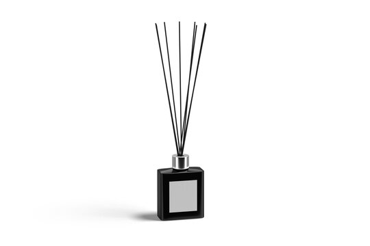 Black Square Glass Reed Diffuser Bottle with Blank Label and Dark Sticks Three Quarter View Mockup 3D Render Isolated, 3D Illustration