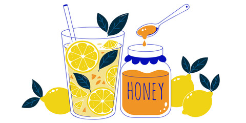 Graphic illustration featuring a tall glass of fresh lemonade with lemon slices and mint leaves next to a jar of organic honey and whole lemons lemonade beverage refreshing illustration nutrition © Mamun