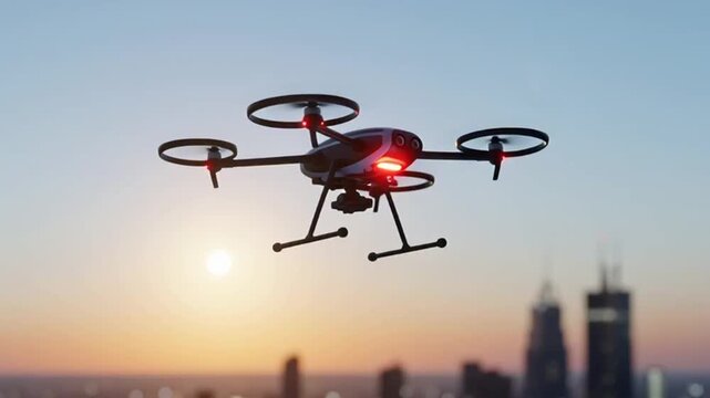 Drone on helipad with city skyline at sunset, futuristic technology, aerial vehicle