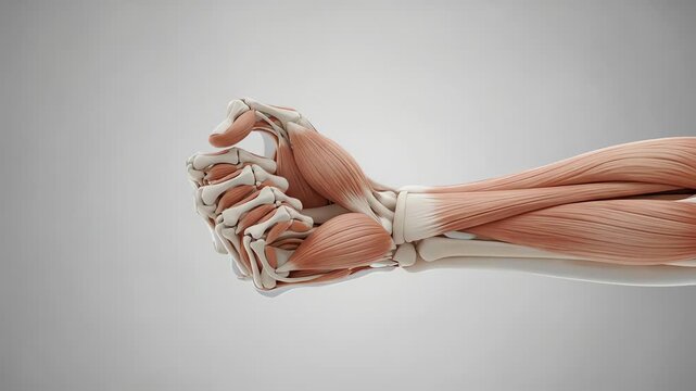 Anatomical illustration of the human forearm muscles and bones contracting to form a fist.