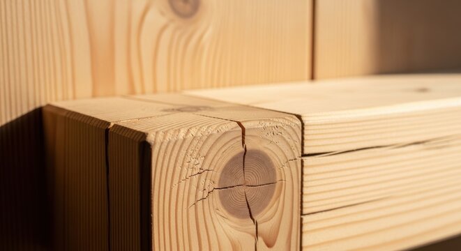 Close-up of natural wood grain and knots with sunlight highlighting imperfections in timber construction