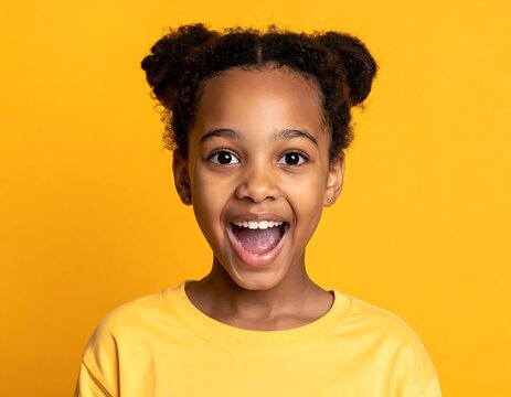 A young girl with dark skin and hair in two buns smiles widely