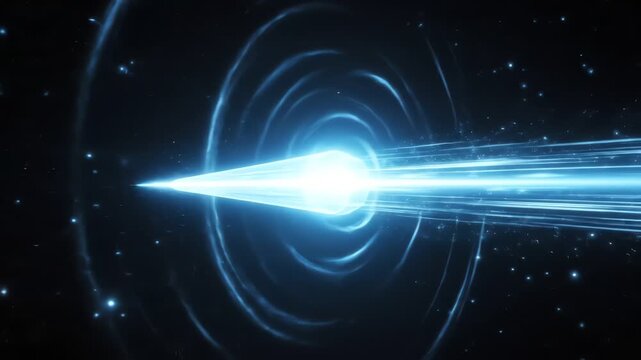 A bright blue beam of light shoots out from a central point, surrounded by swirling concentric rings in a dark, star-filled expanse.