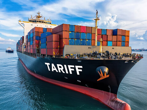  large cargo ship named "TARIFF" loaded with colorful shipping containers sails on calm waters under a partly cloudy sky.