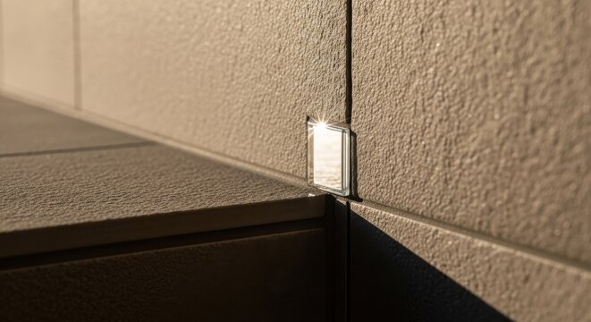 Sunlight glinting off a small reflective tile set in a textured wall corner