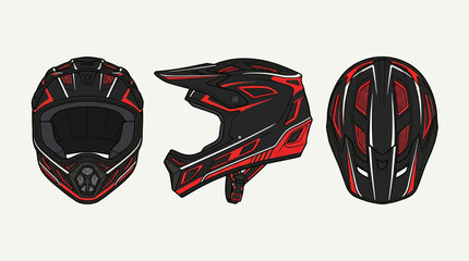 Naklejka premium Illustration of a black and red motocross helmet shown from three different angles: front, side, and top.