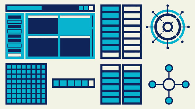 Abstract digital interface elements and futuristic dashboard icons in shades of blue and dark blue.