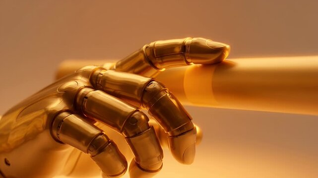Golden Robot Hand Touching Smooth Metal Cylinder - Future Technology Concept