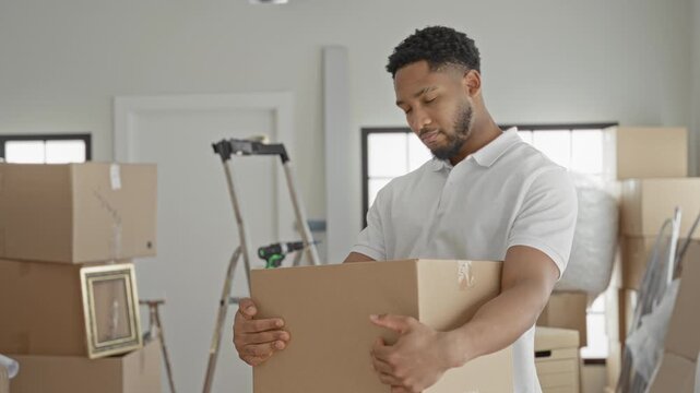 Man holding a cardboard box with both hands and steady posture inside a building filled with packed moving boxes, ladder and framed art; moving day determined.