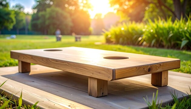 A wooden game board with two holes sits on a platform in a sunny outdoor setting, with lush green foliage blurred in background