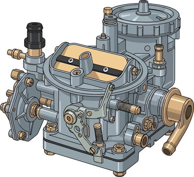 Detailed illustration of a vintage automotive carburetor, essential engine component.
