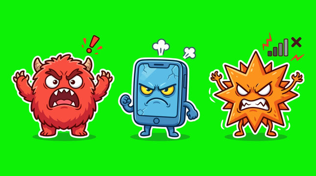 Cartoon Monsters and Smartphone Displaying Anger and Frustration.