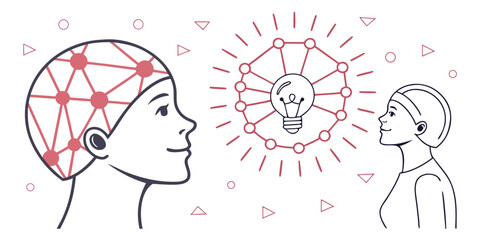 Two profiles looking at each other one with a network in its head and the other with a lightbulb idea symbol problem solving lightbulb inspiration creativity innovation © Mamun