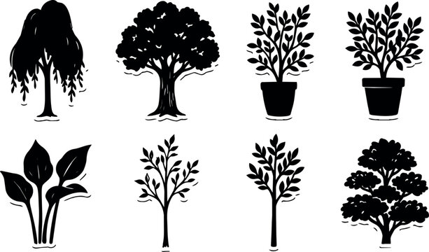 Assorted tree and plant silhouettes with pots