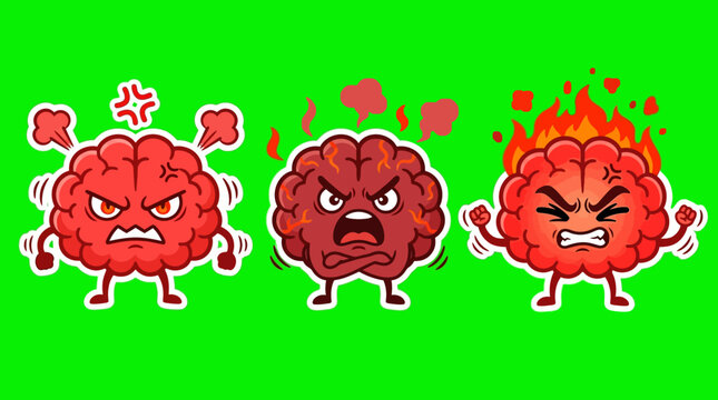 Cartoon Brains Expressing Anger and Frustration on Green Background.