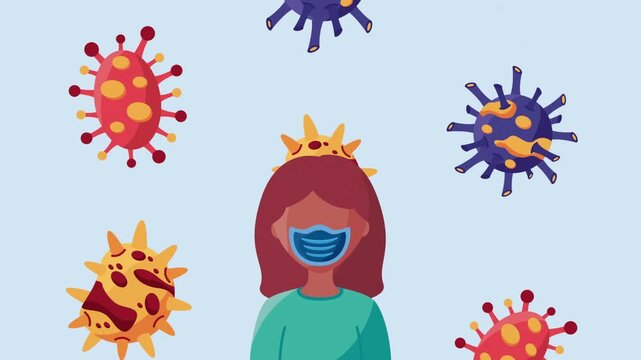 Woman Wearing Face Mask with Floating Virus Particles