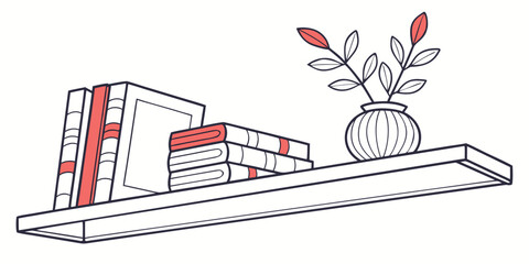 Floating wall shelf with colorful books and a decorative plant vase floating interior furniture minimalist shelving bookcase botanical decorating lifestyle bookshelf © Mamun