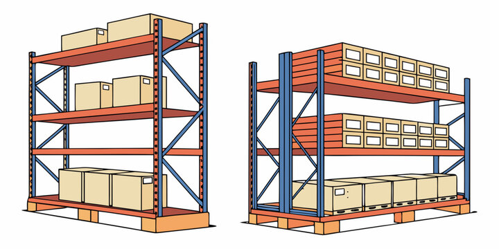 Industrial metal storage racking units filled with shipping boxes warehouse shelving industrial inventory logistics cardboard distribution shipping facility business