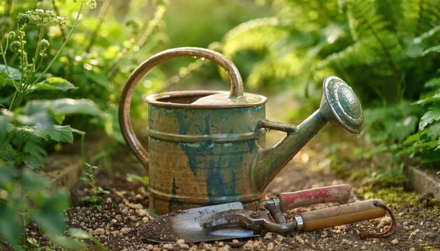 Vintage watering can and garden tools resting in lush soil, bathed in morning sunlight, ready for planting season and nurturing growth.