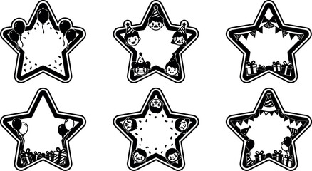 Fototapeta premium Black and white star frames with balloons party hats and gift boxes vector art