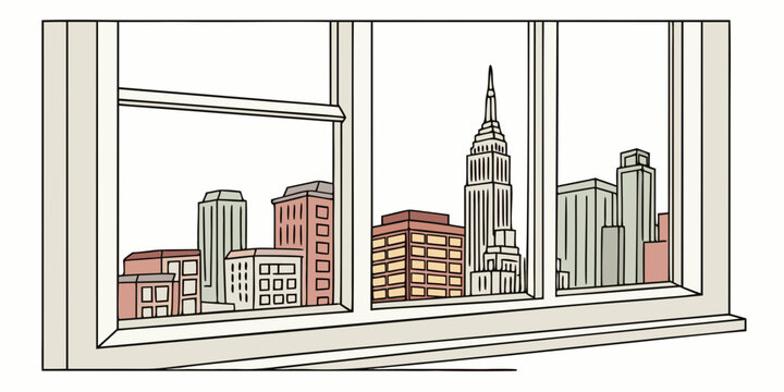 Skyline city view from high rise office window sketch with skyscraper buildings architecture metropolis business district panoramic perspective illustration downtown